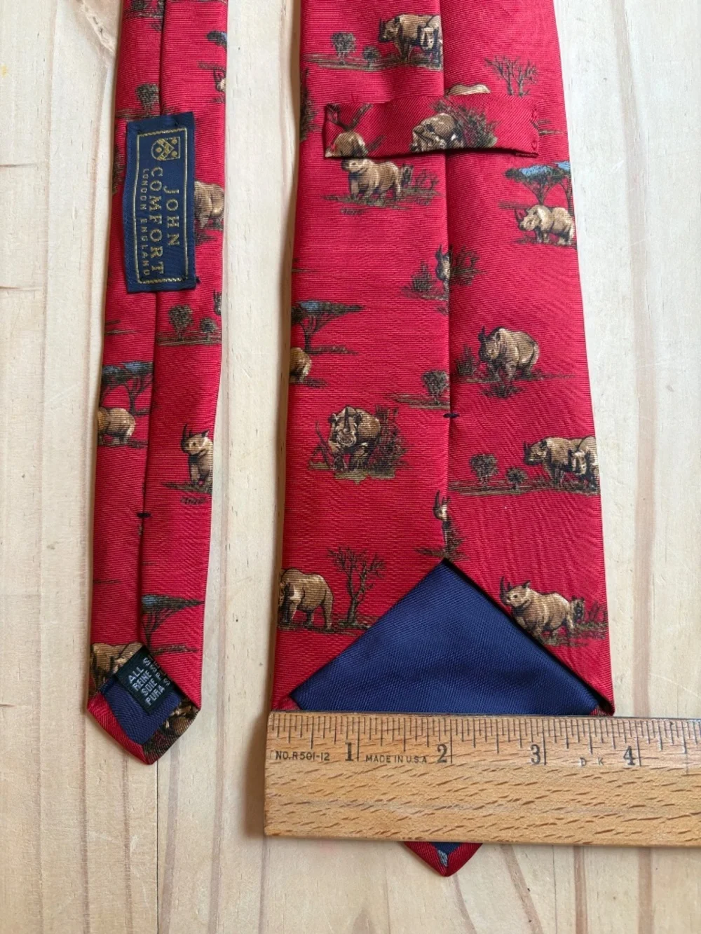 Vintage John Comfort London 100% Silk Red Rhinoceros Safari Novelty Tie